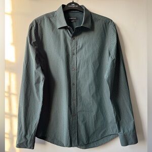 BUGATCHI Shaped Fit Gingham Check Long Sleeve Button Down Shirt - Green/Grey - L